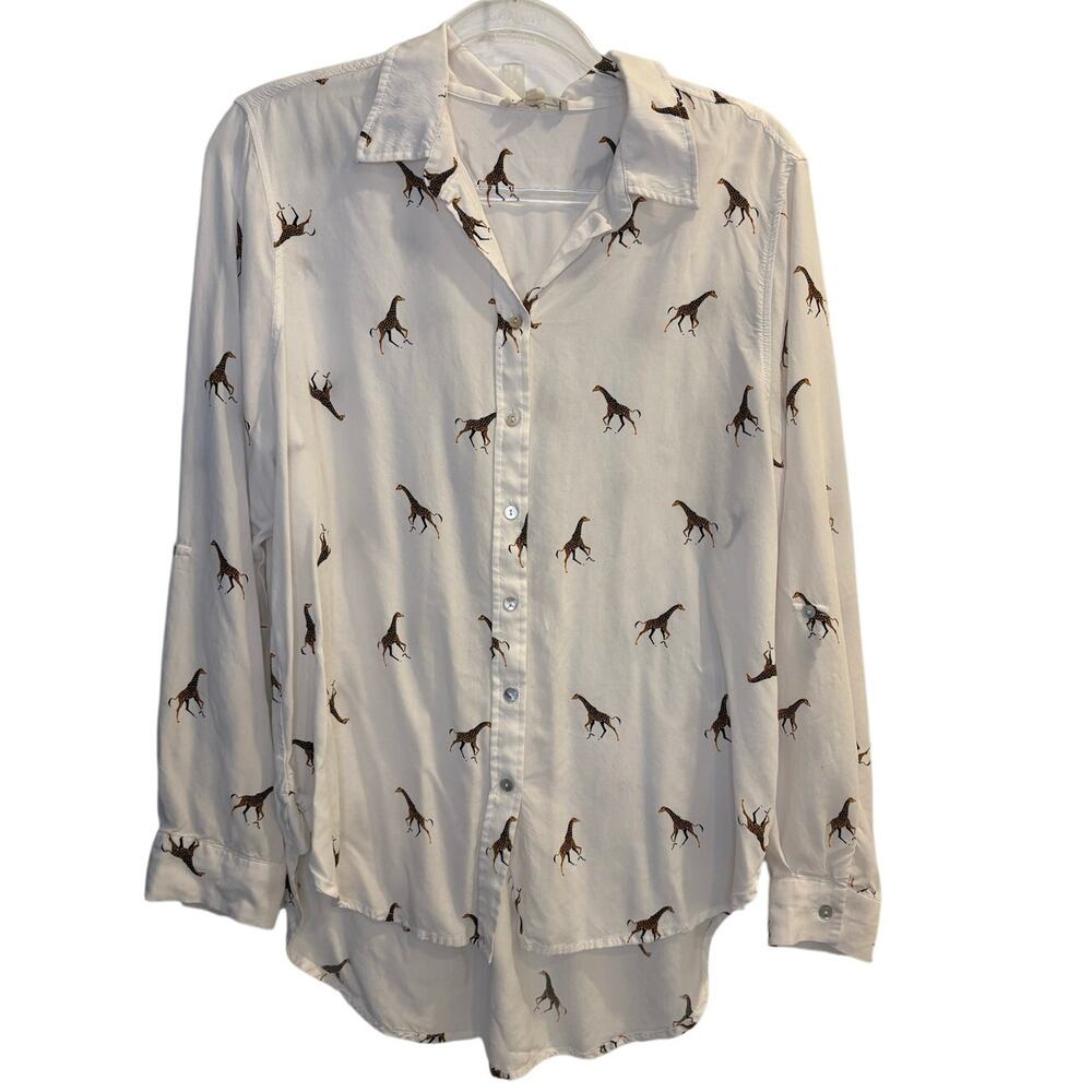 Jane + Delancey White Giraffe Print Button Down Shirt Safari Novelty Size Large